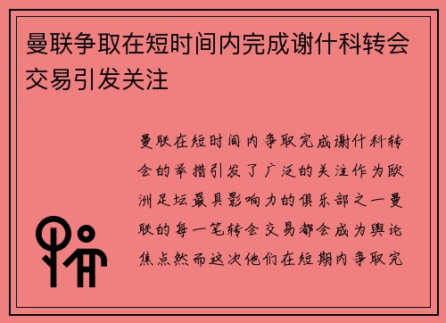 曼联争取在短时间内完成谢什科转会交易引发关注