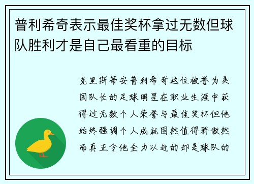 普利希奇表示最佳奖杯拿过无数但球队胜利才是自己最看重的目标